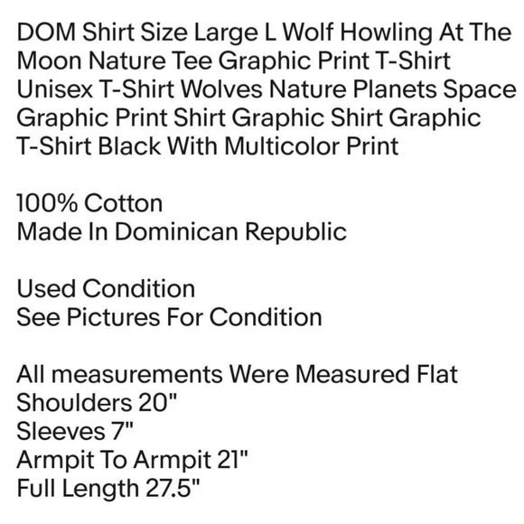 DOM Shirt Size Large L Wolf Howling At The Moon Nature Tee Graphic Print T-Shirt - Picture 2 of 6